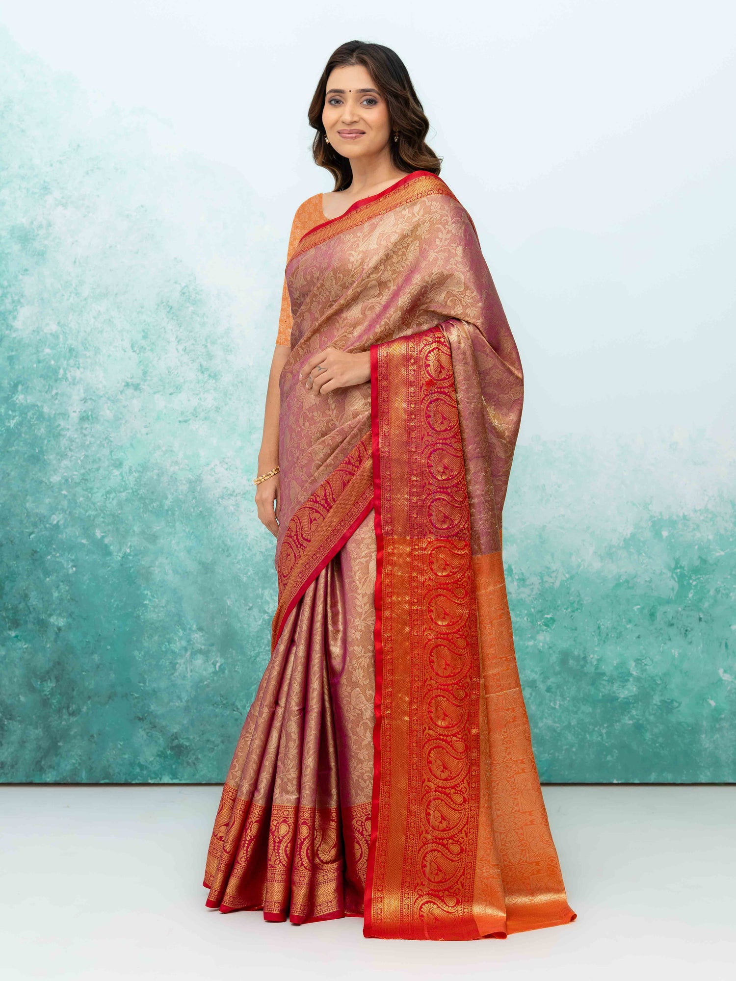 Pink &amp; Red Banarasi Lichi Silk Saree