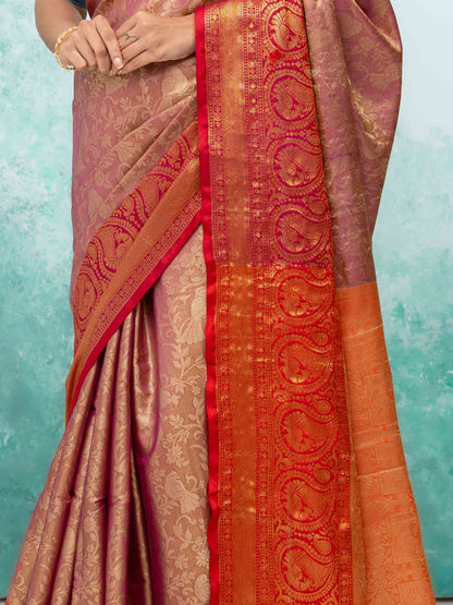 Pink &amp; Red Banarasi Lichi Silk Saree