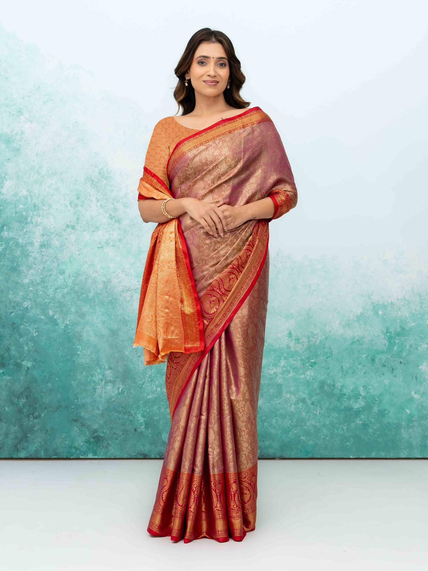 Pink &amp; Red Banarasi Lichi Silk Saree