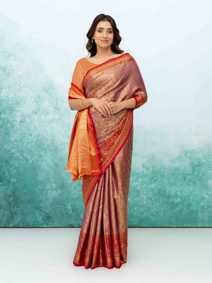 Pink &amp; Red Banarasi Lichi Silk Saree