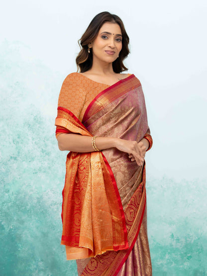 Pink &amp; Red Banarasi Lichi Silk Saree