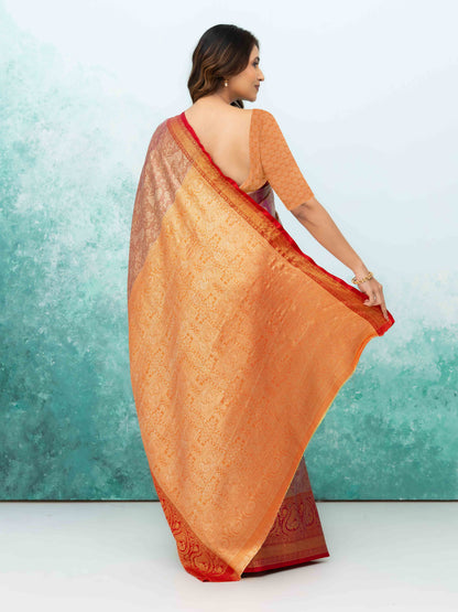 Pink &amp; Red Banarasi Lichi Silk Saree