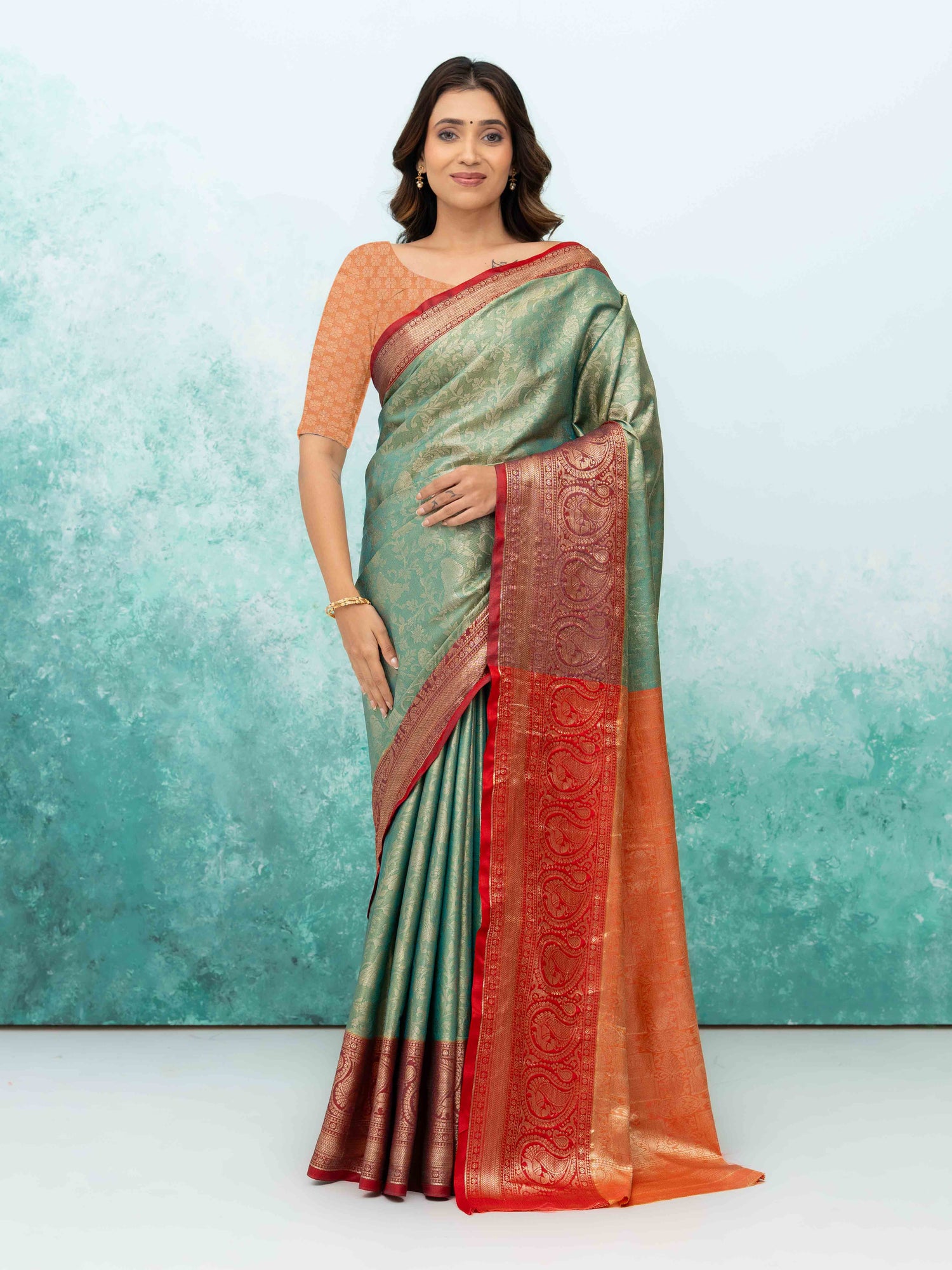 Pista Green &amp; Red Banarasi Lichi Silk Saree