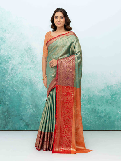 Pista Green &amp; Red Banarasi Lichi Silk Saree