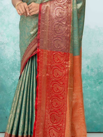 Pista Green &amp; Red Banarasi Lichi Silk Saree