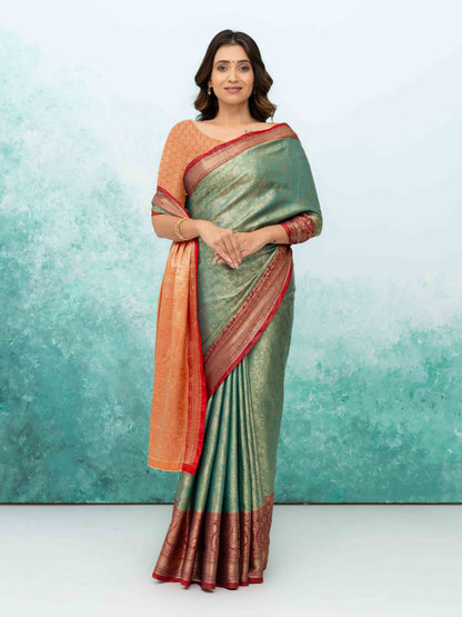 Pista Green &amp; Red Banarasi Lichi Silk Saree