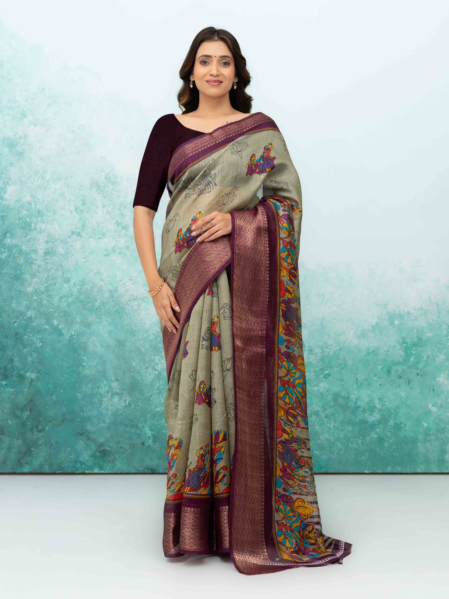 Gray &amp; Wine Poly Cotton Saree