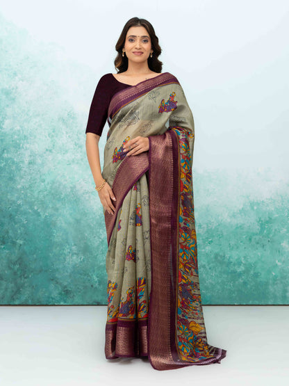 Gray &amp; Wine Poly Cotton Saree