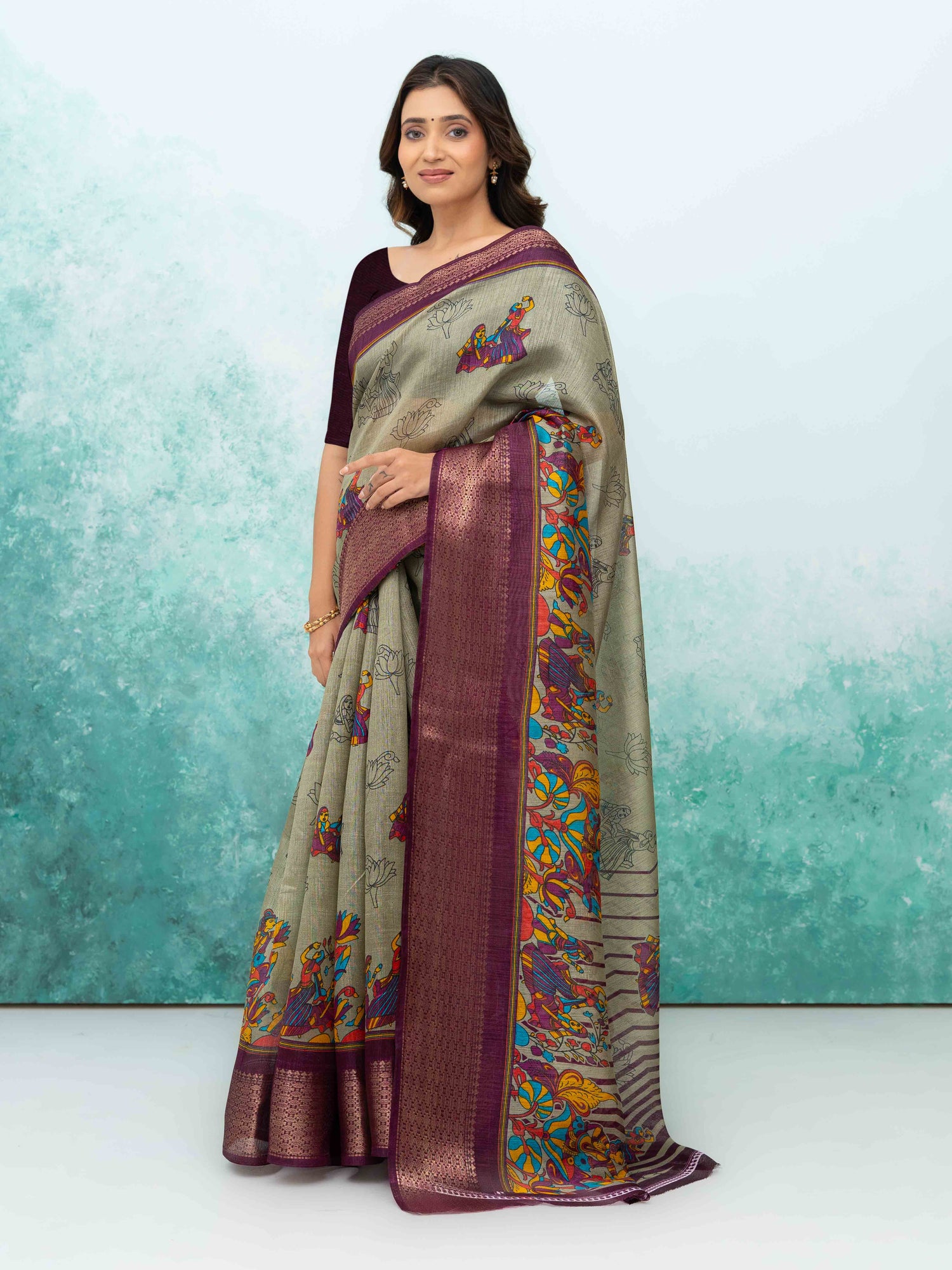 Gray &amp; Wine Poly Cotton Saree