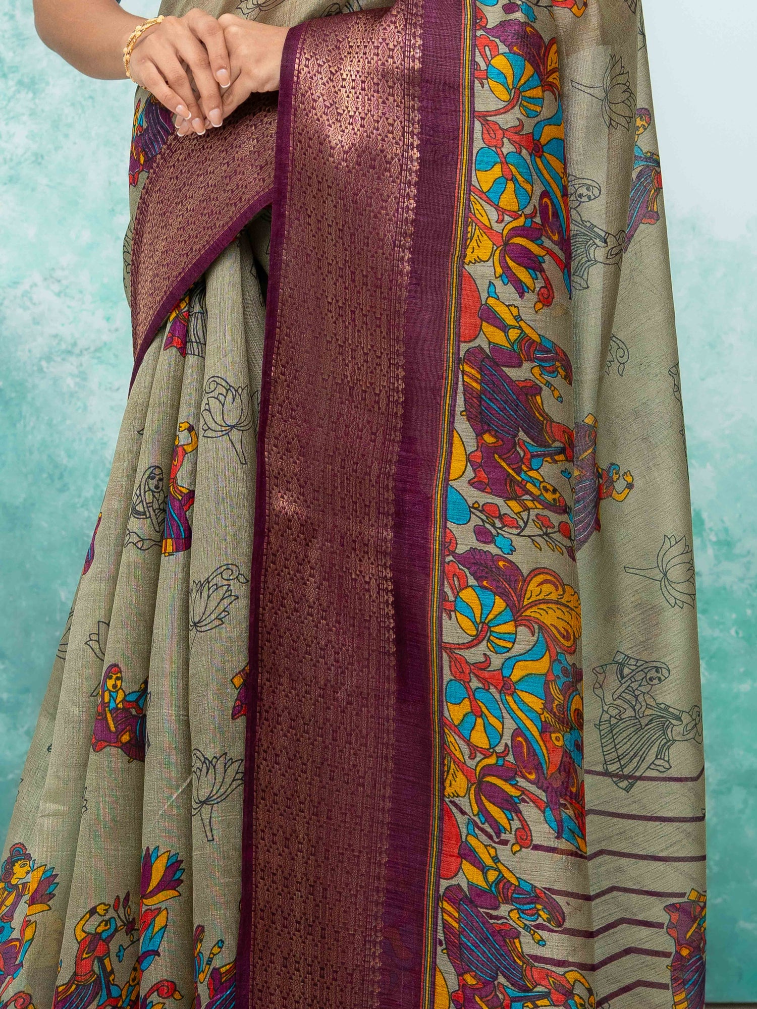 Gray &amp; Wine Poly Cotton Saree