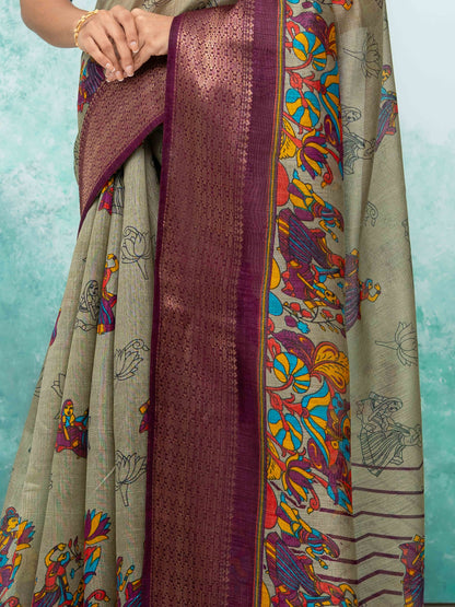 Gray &amp; Wine Poly Cotton Saree