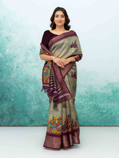 Gray &amp; Wine Poly Cotton Saree