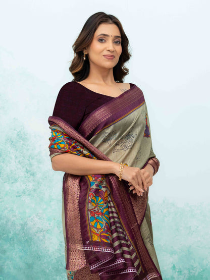 Gray &amp; Wine Poly Cotton Saree