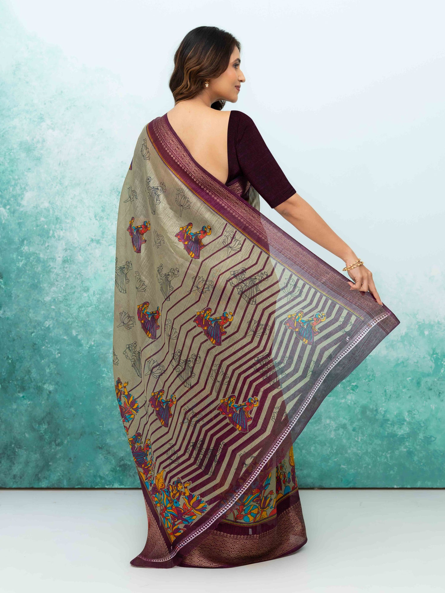Gray &amp; Wine Poly Cotton Saree