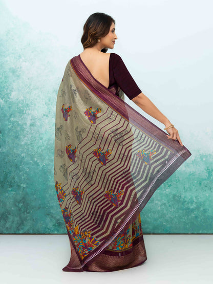 Gray &amp; Wine Poly Cotton Saree