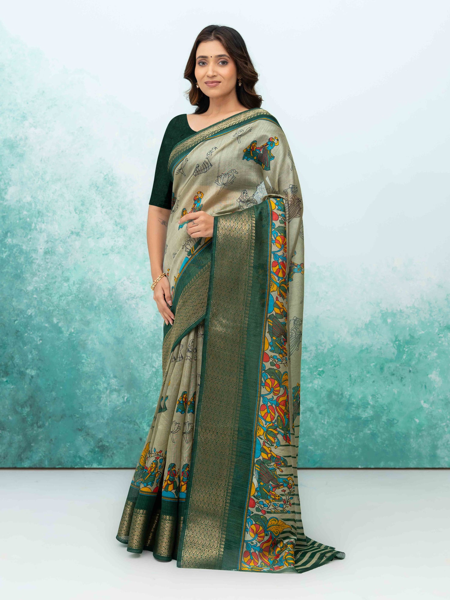 Gray &amp; Green Poly Cotton Saree