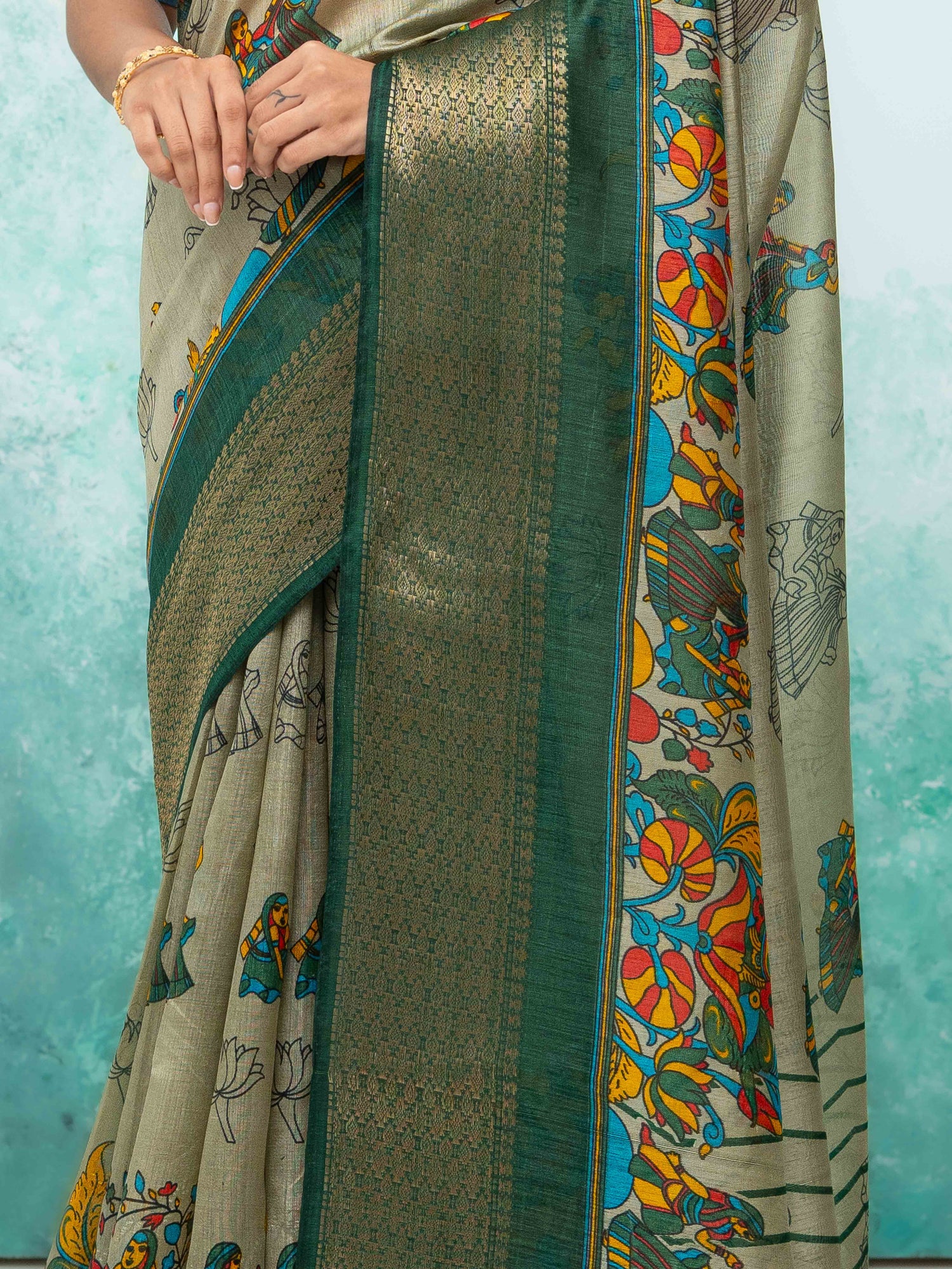 Gray &amp; Green Poly Cotton Saree