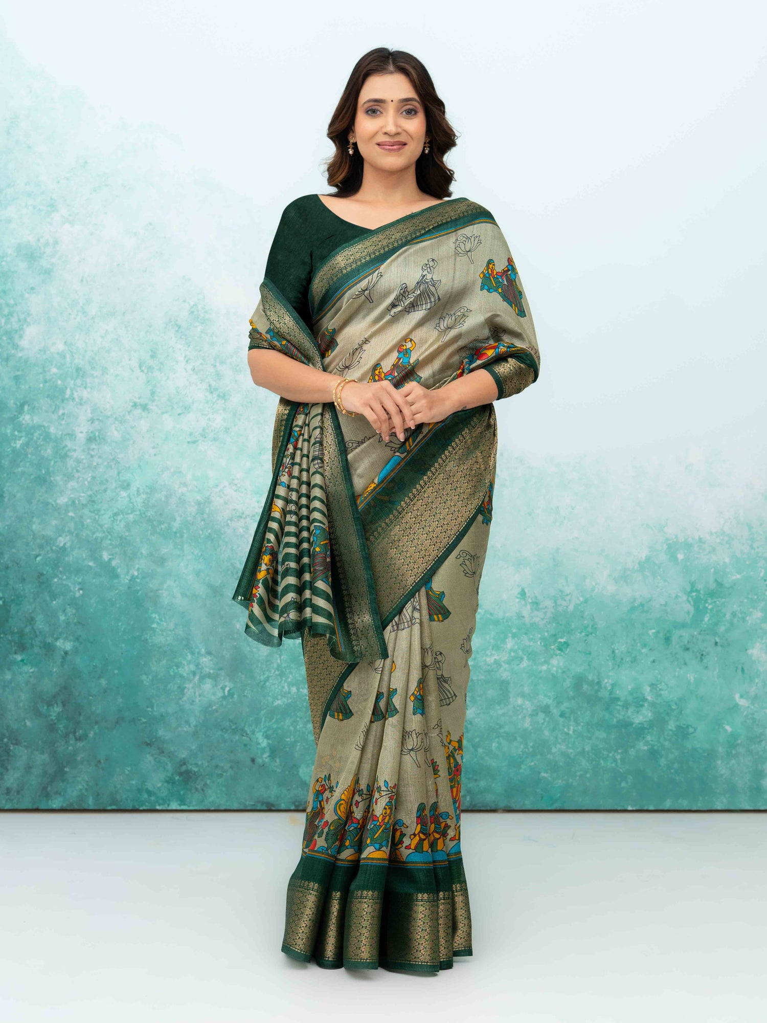 Gray &amp; Green Poly Cotton Saree