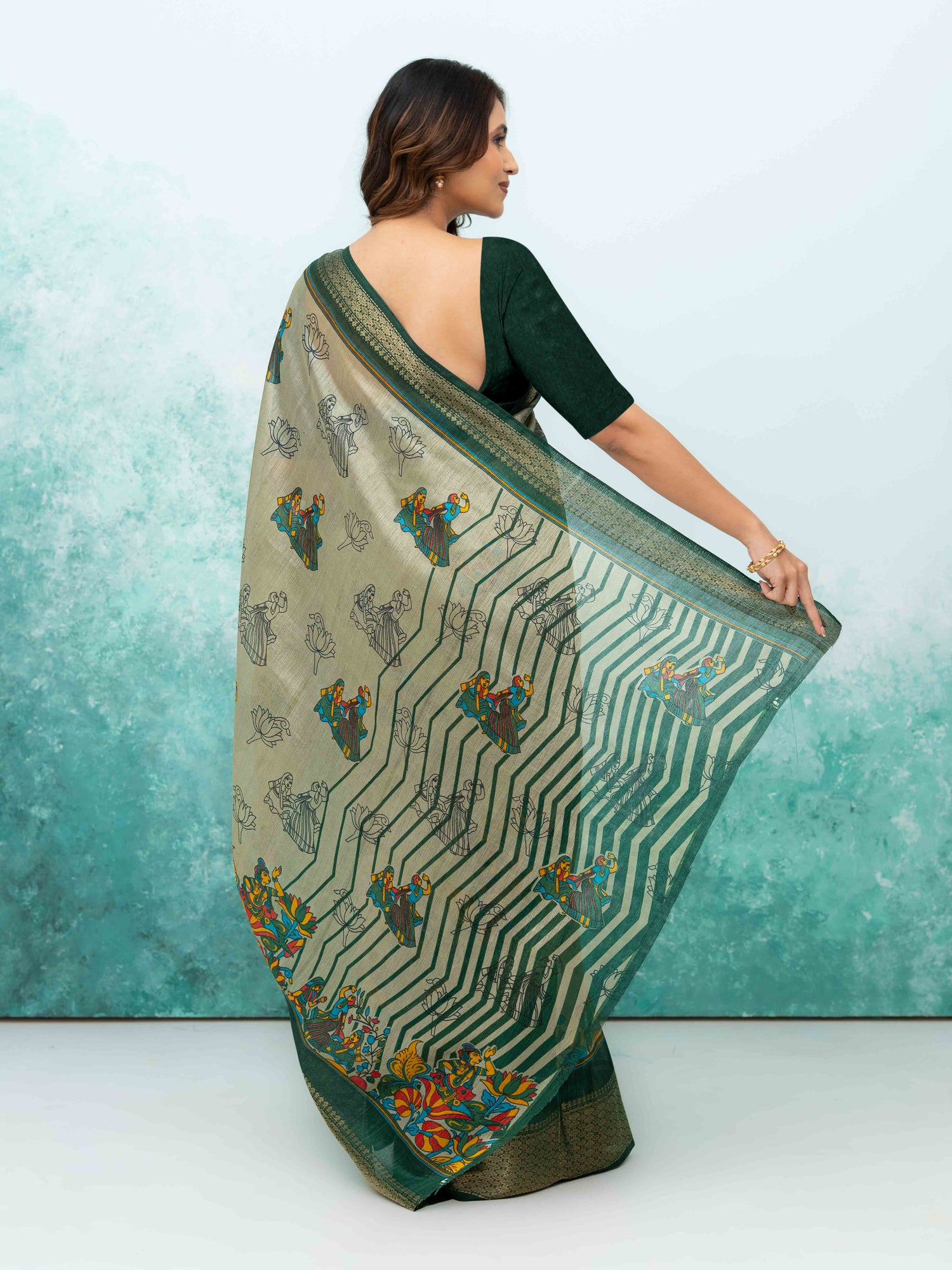 Gray &amp; Green Poly Cotton Saree