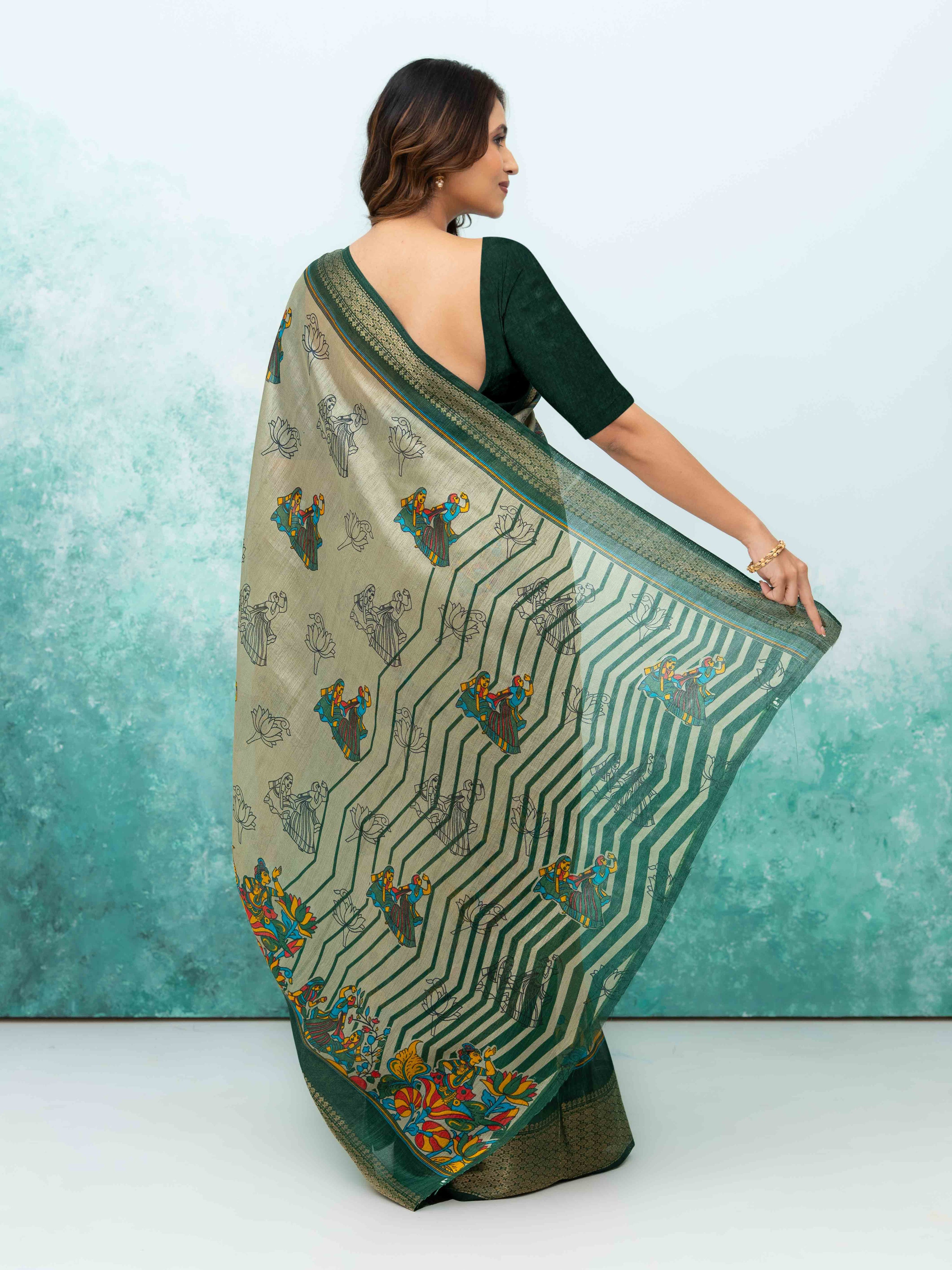 Gray &amp; Green Poly Cotton Saree