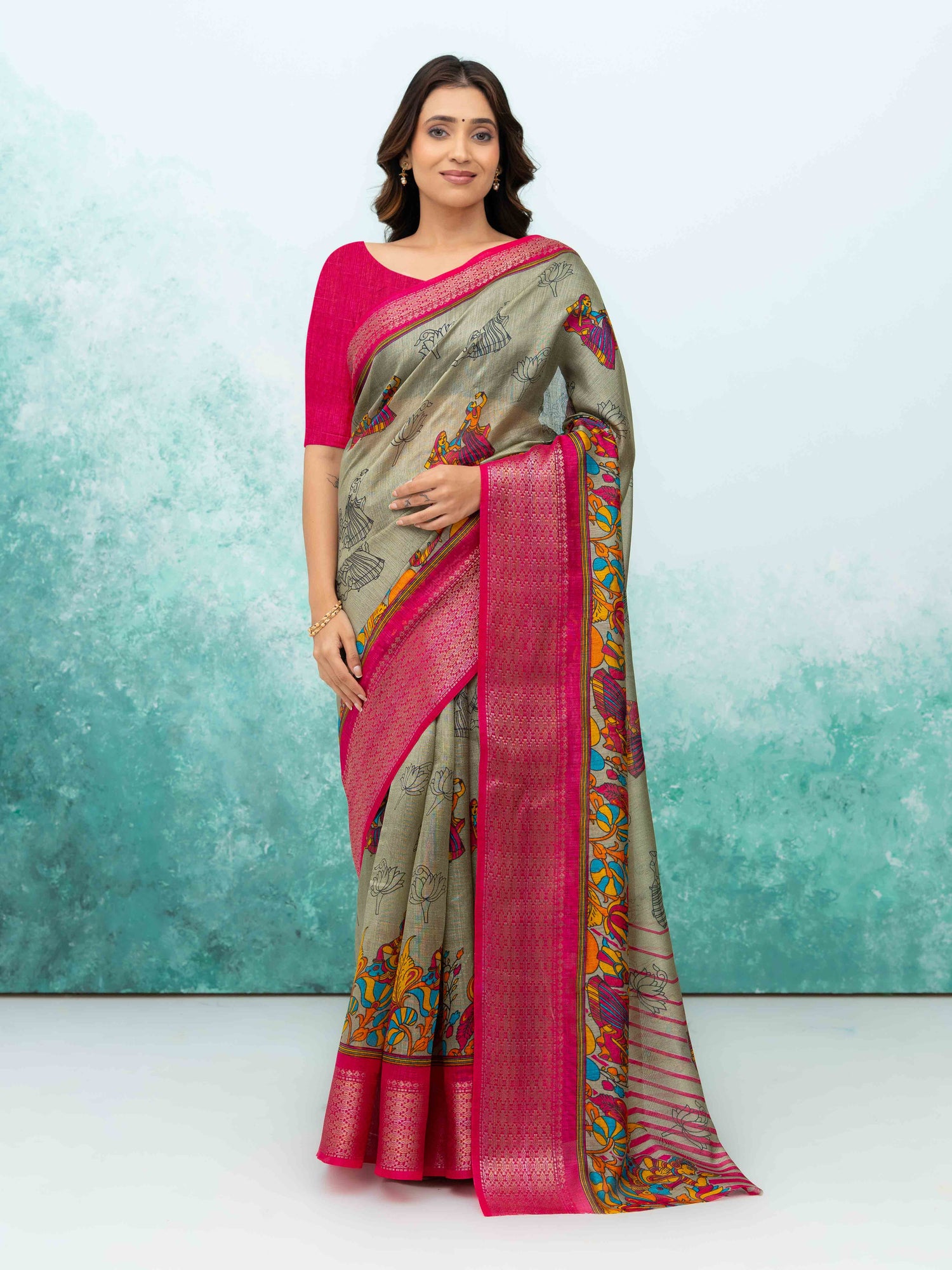 Gray &amp; Pink Poly Cotton Saree