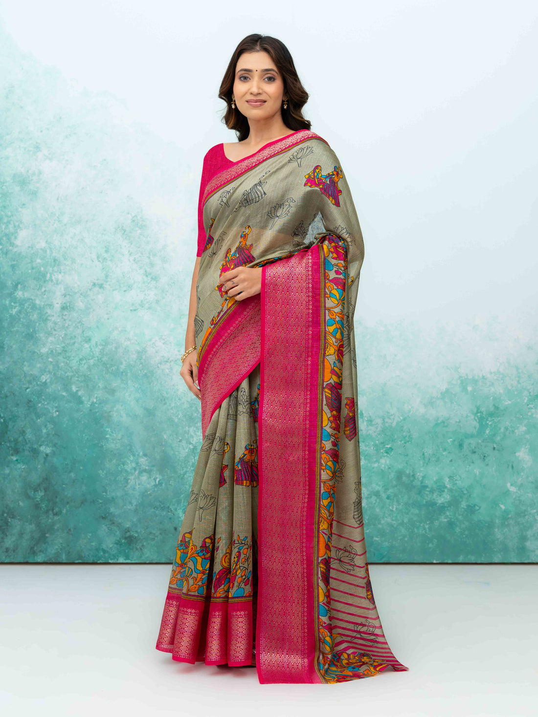 Gray &amp; Pink Poly Cotton Saree