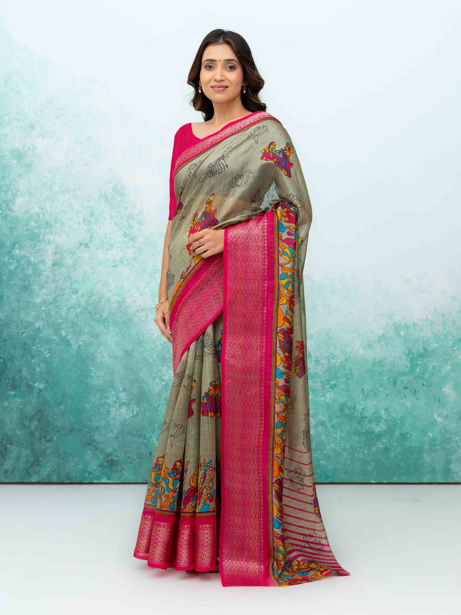 Gray &amp; Pink Poly Cotton Saree