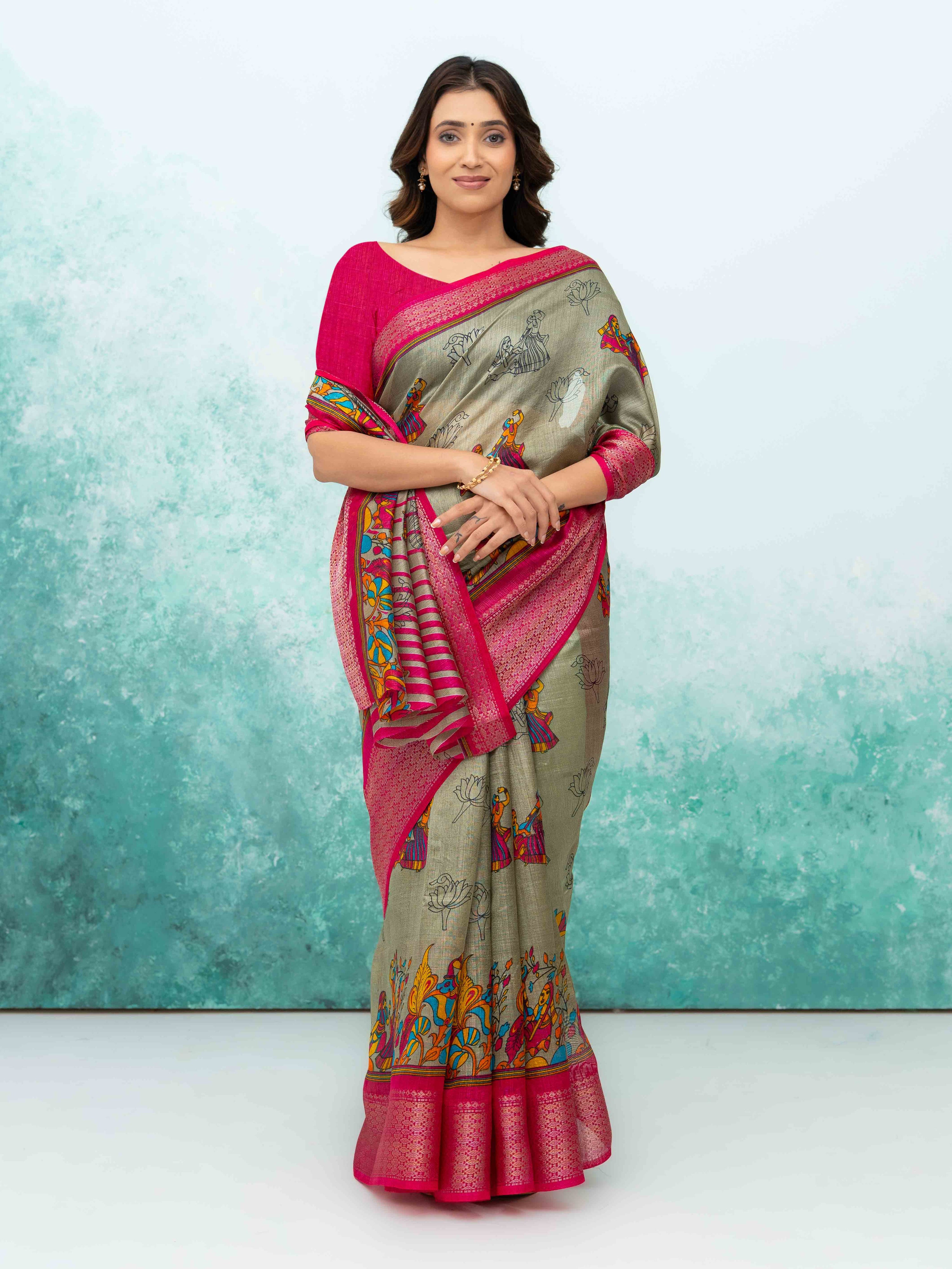 Gray &amp; Pink Poly Cotton Saree