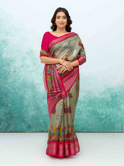 Gray &amp; Pink Poly Cotton Saree