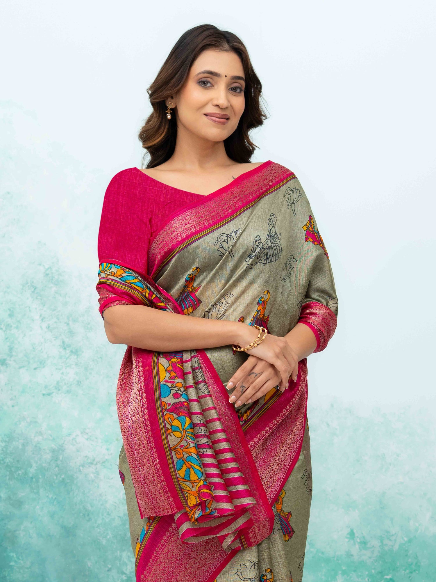 Gray &amp; Pink Poly Cotton Saree