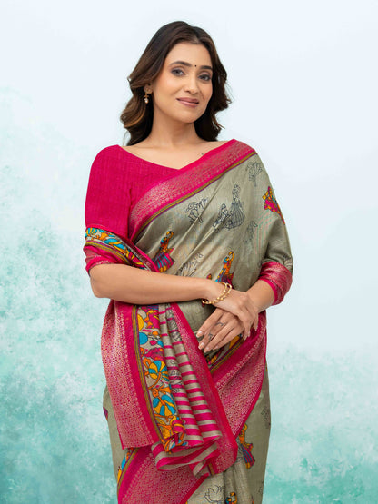 Gray &amp; Pink Poly Cotton Saree