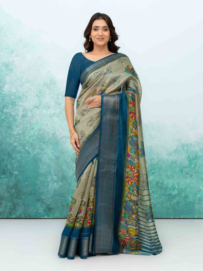Gray &amp; Teal Blue Poly Cotton Saree