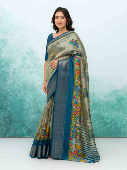 Gray &amp; Teal Blue Poly Cotton Saree