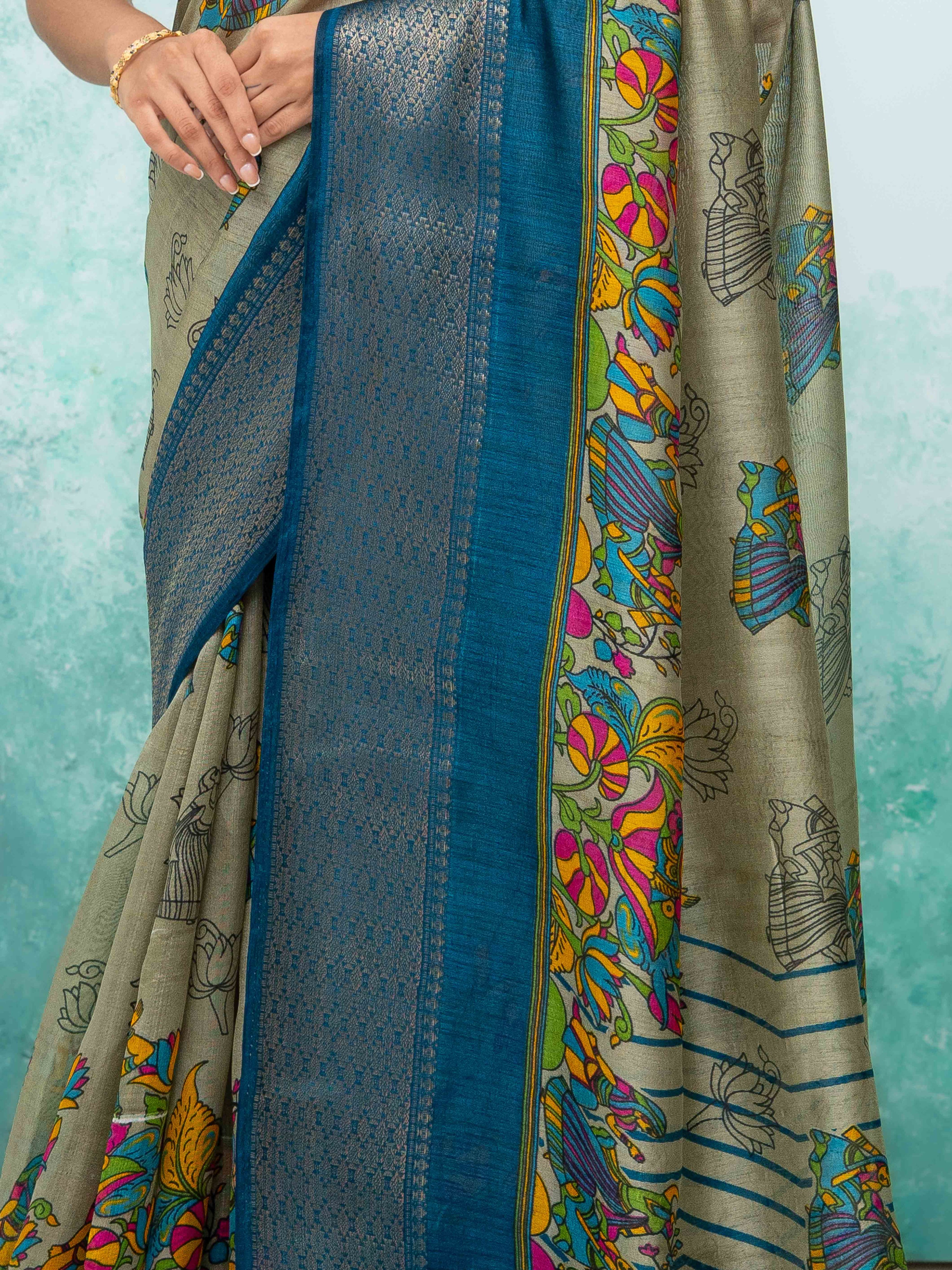 Gray &amp; Teal Blue Poly Cotton Saree