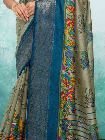 Gray &amp; Teal Blue Poly Cotton Saree