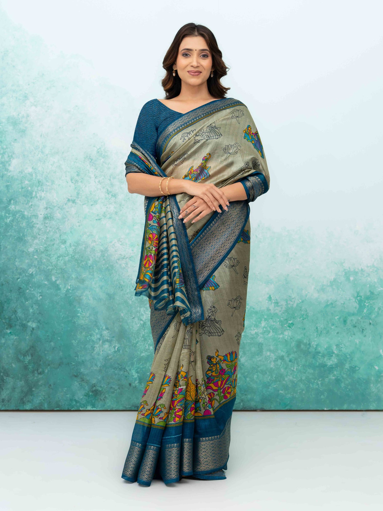 Gray &amp; Teal Blue Poly Cotton Saree