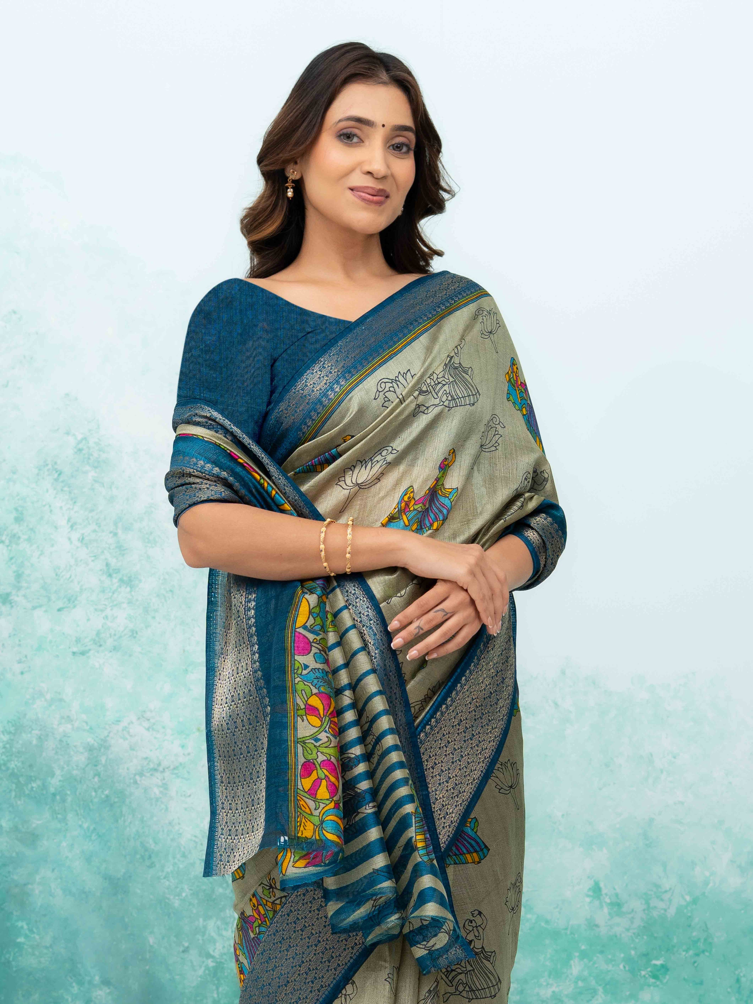 Gray &amp; Teal Blue Poly Cotton Saree