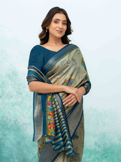 Gray &amp; Teal Blue Poly Cotton Saree
