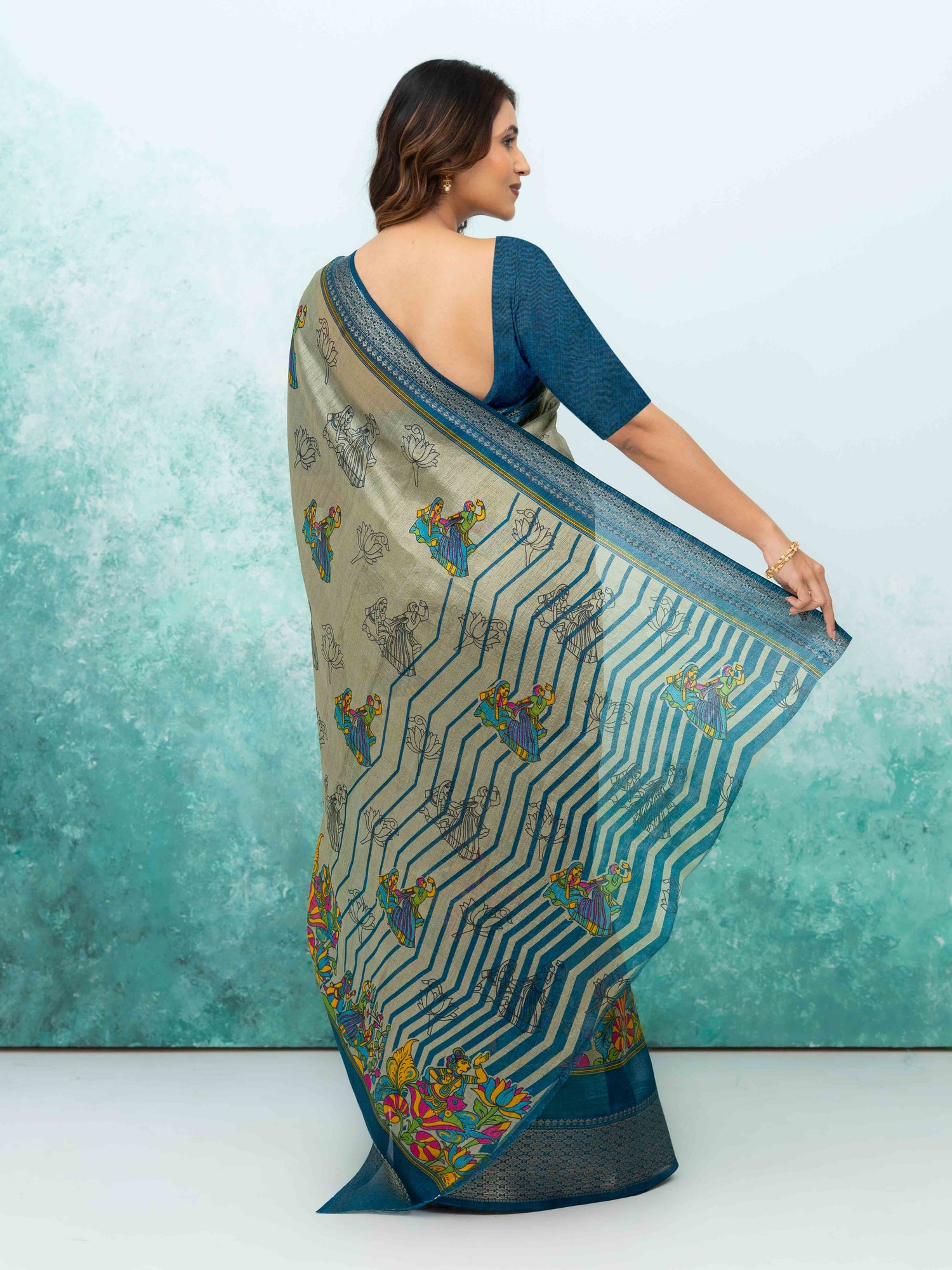 Gray &amp; Teal Blue Poly Cotton Saree