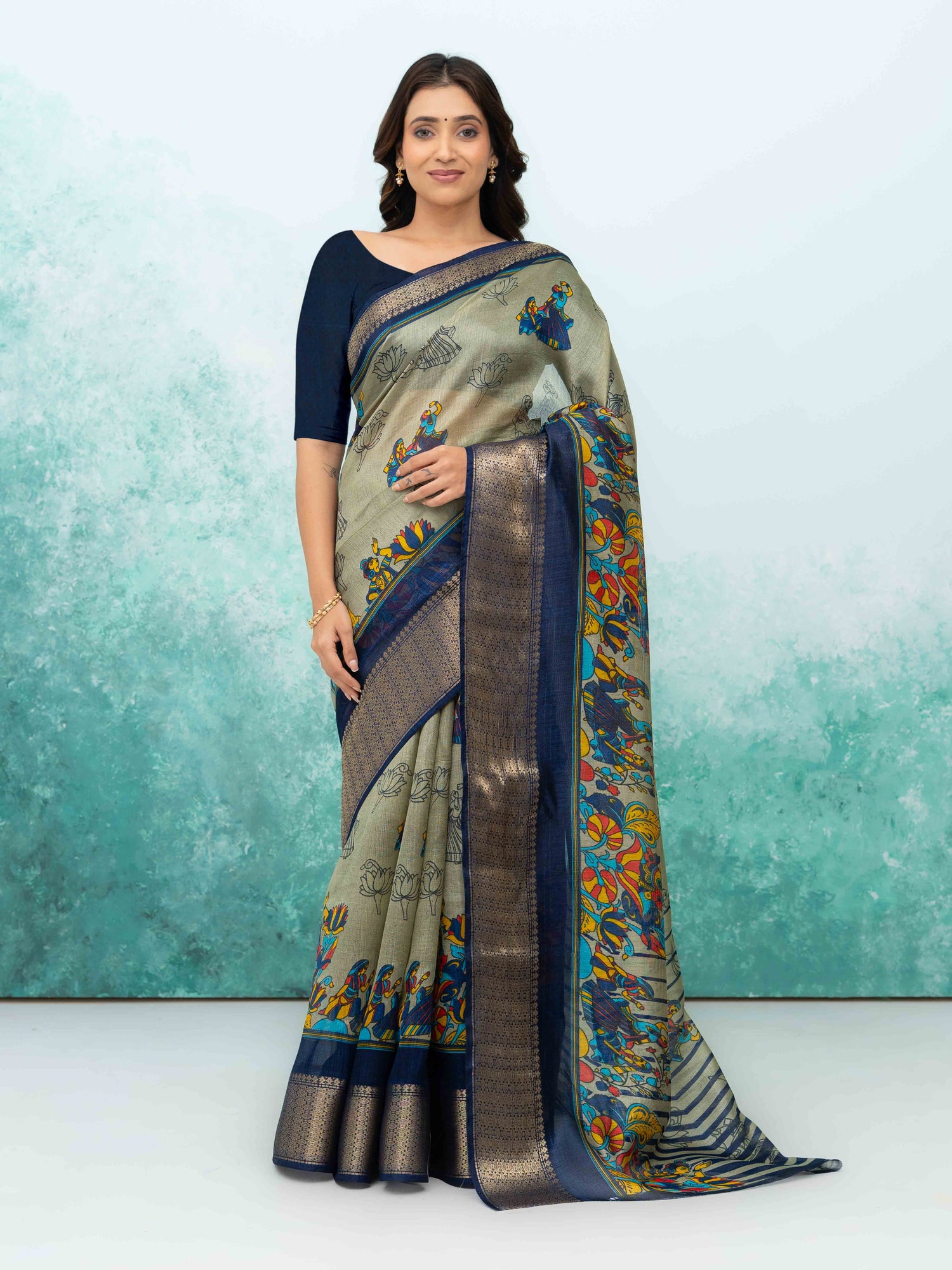 Gray &amp; Navy Blue Poly Cotton Saree