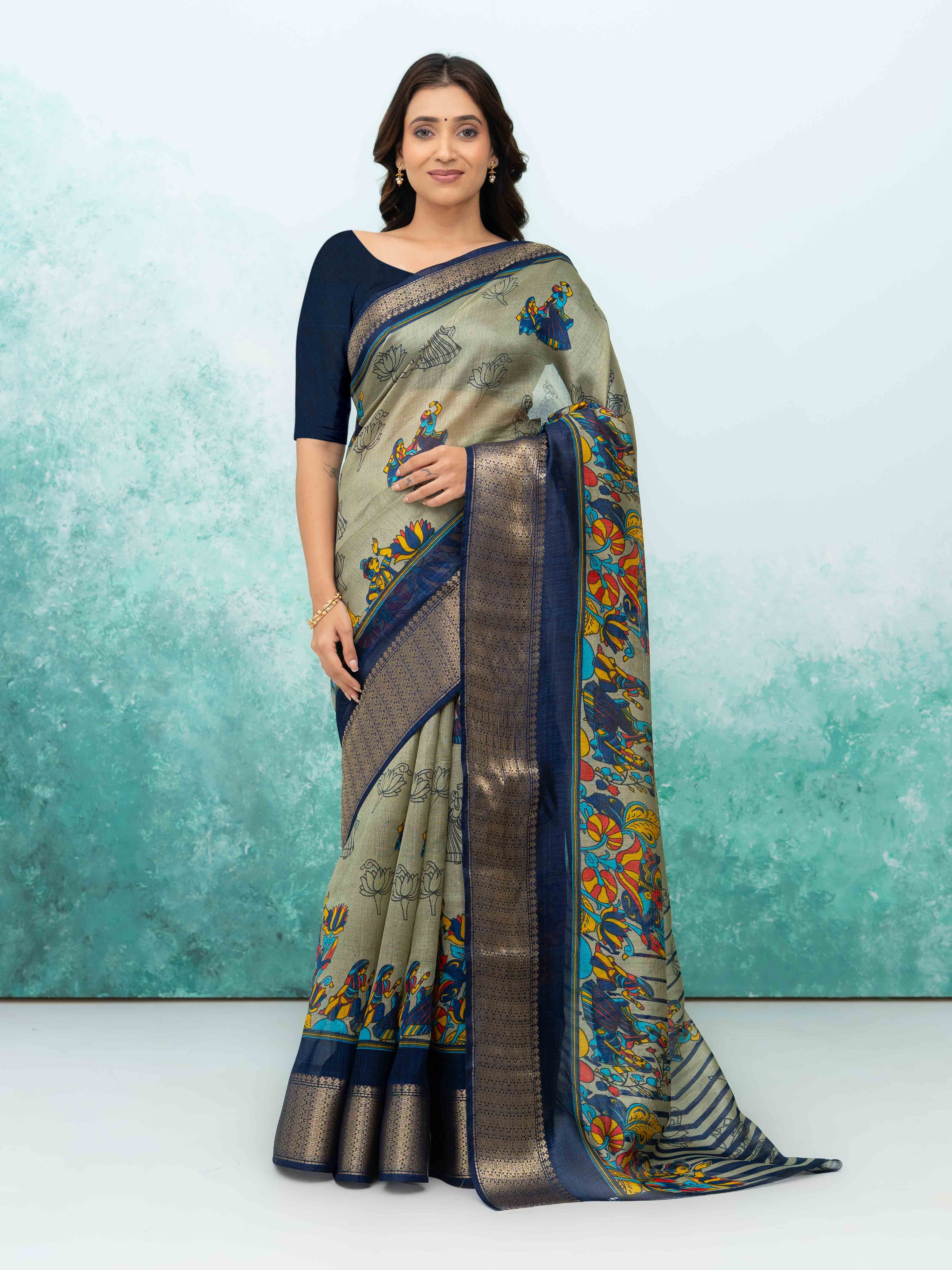 Gray &amp; Navy Blue Poly Cotton Saree
