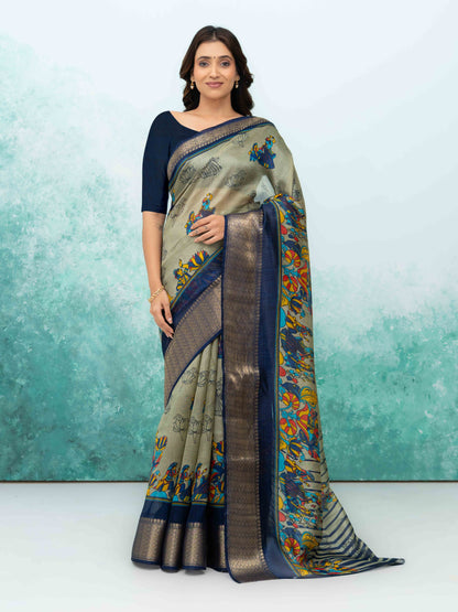 Gray &amp; Navy Blue Poly Cotton Saree