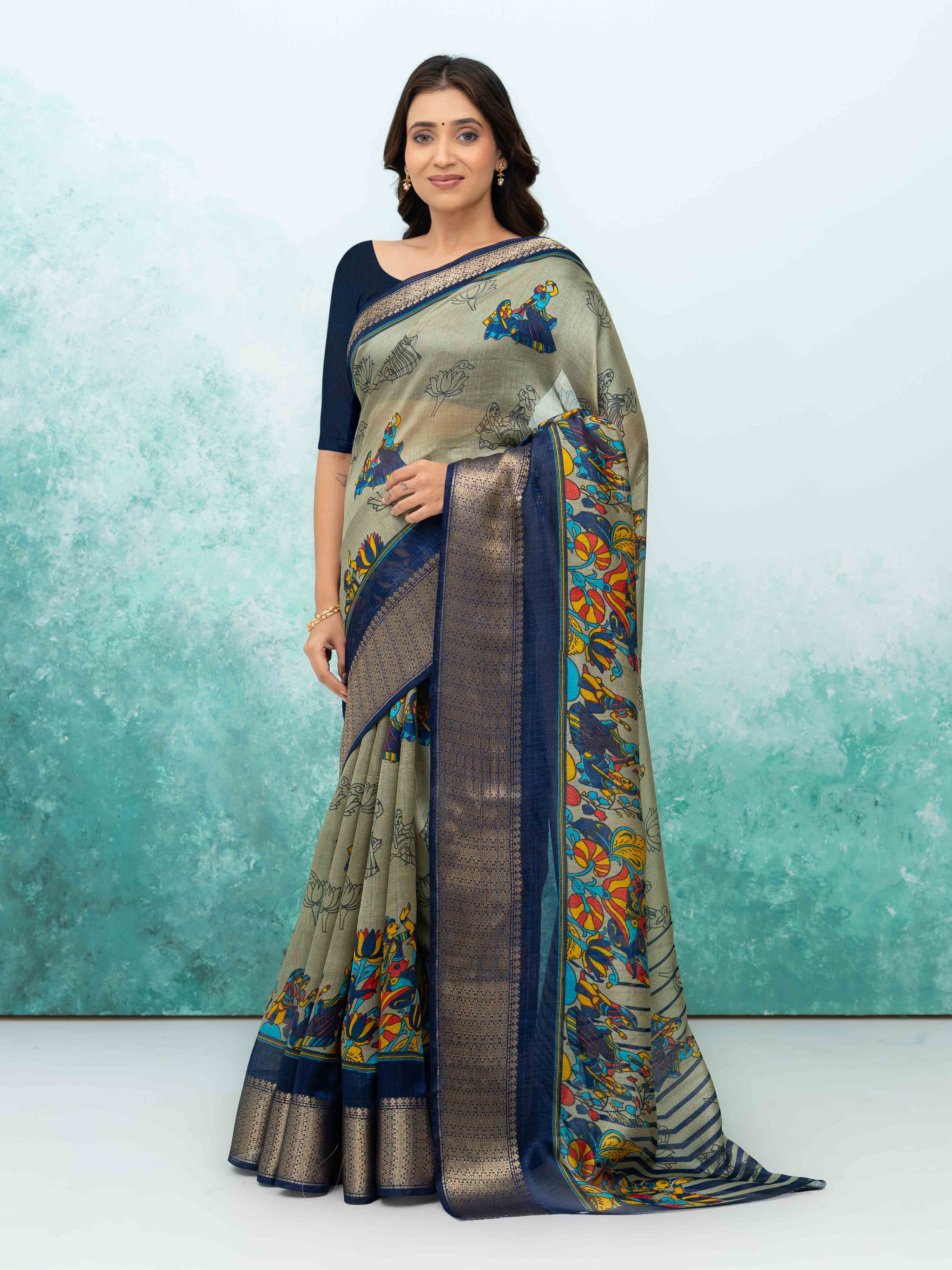 Gray &amp; Navy Blue Poly Cotton Saree