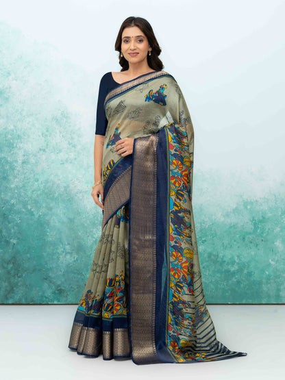 Gray &amp; Navy Blue Poly Cotton Saree