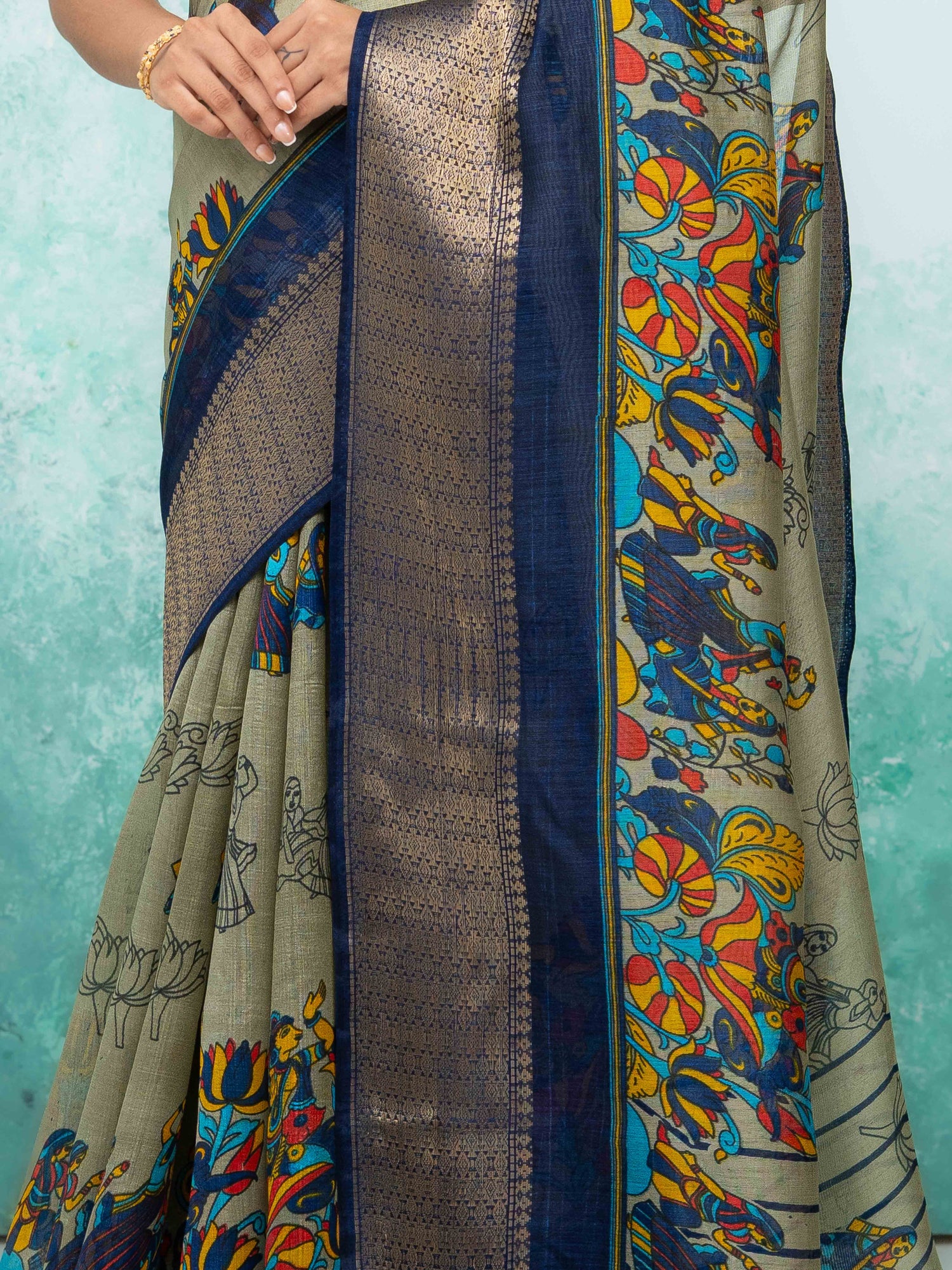 Gray &amp; Navy Blue Poly Cotton Saree