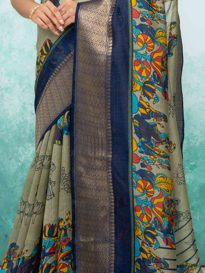 Gray &amp; Navy Blue Poly Cotton Saree