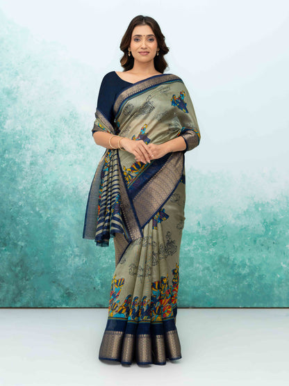 Gray &amp; Navy Blue Poly Cotton Saree