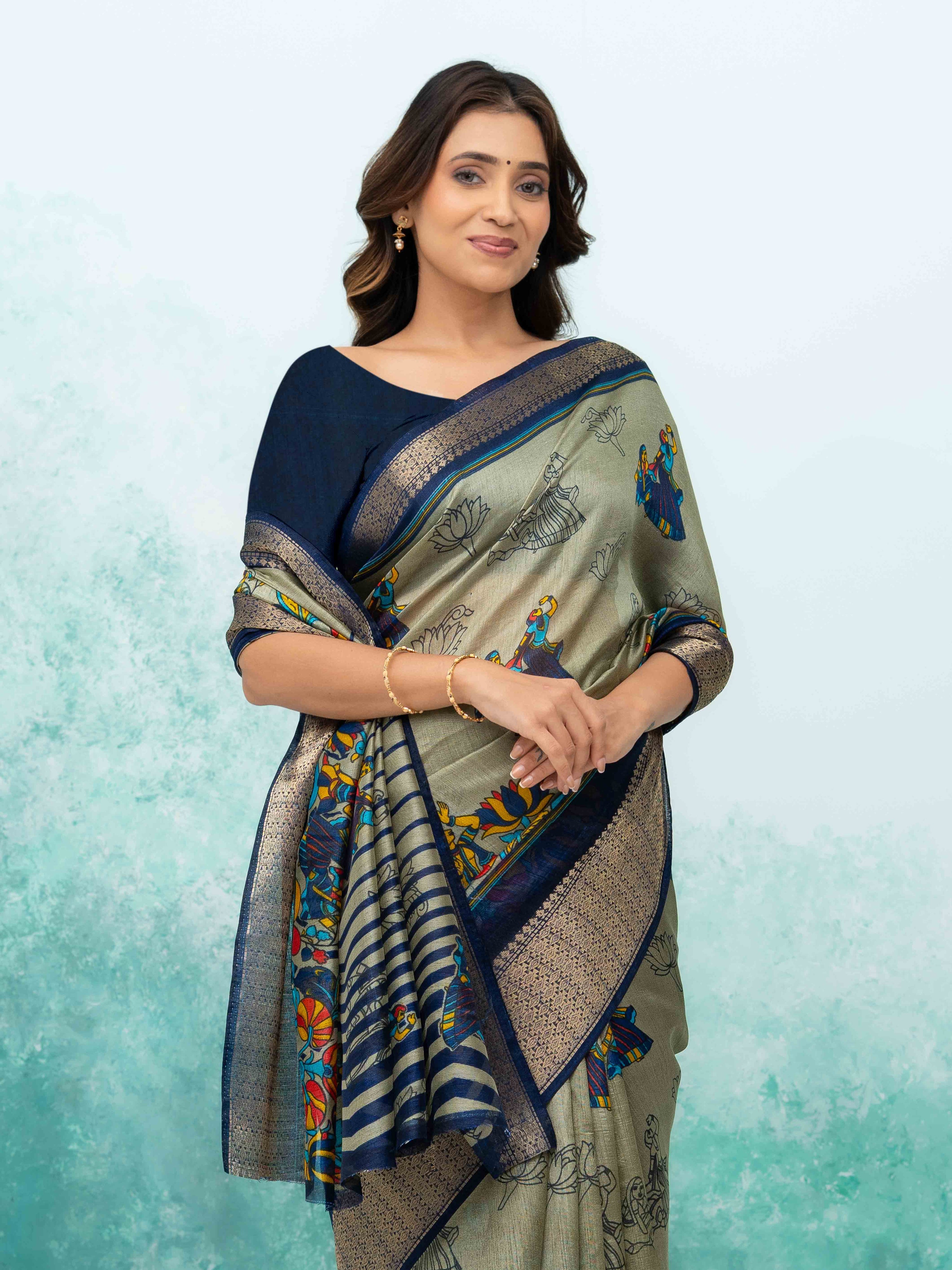 Gray &amp; Navy Blue Poly Cotton Saree
