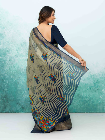 Gray &amp; Navy Blue Poly Cotton Saree
