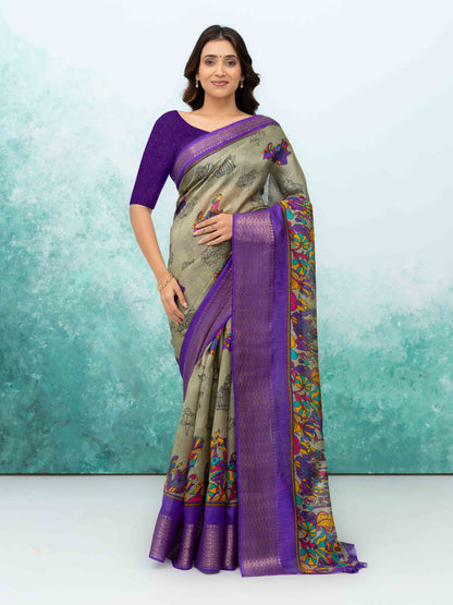 Gray &amp; Purple Poly Cotton Saree